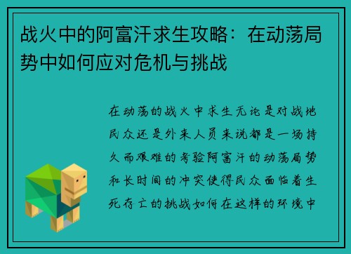 战火中的阿富汗求生攻略：在动荡局势中如何应对危机与挑战
